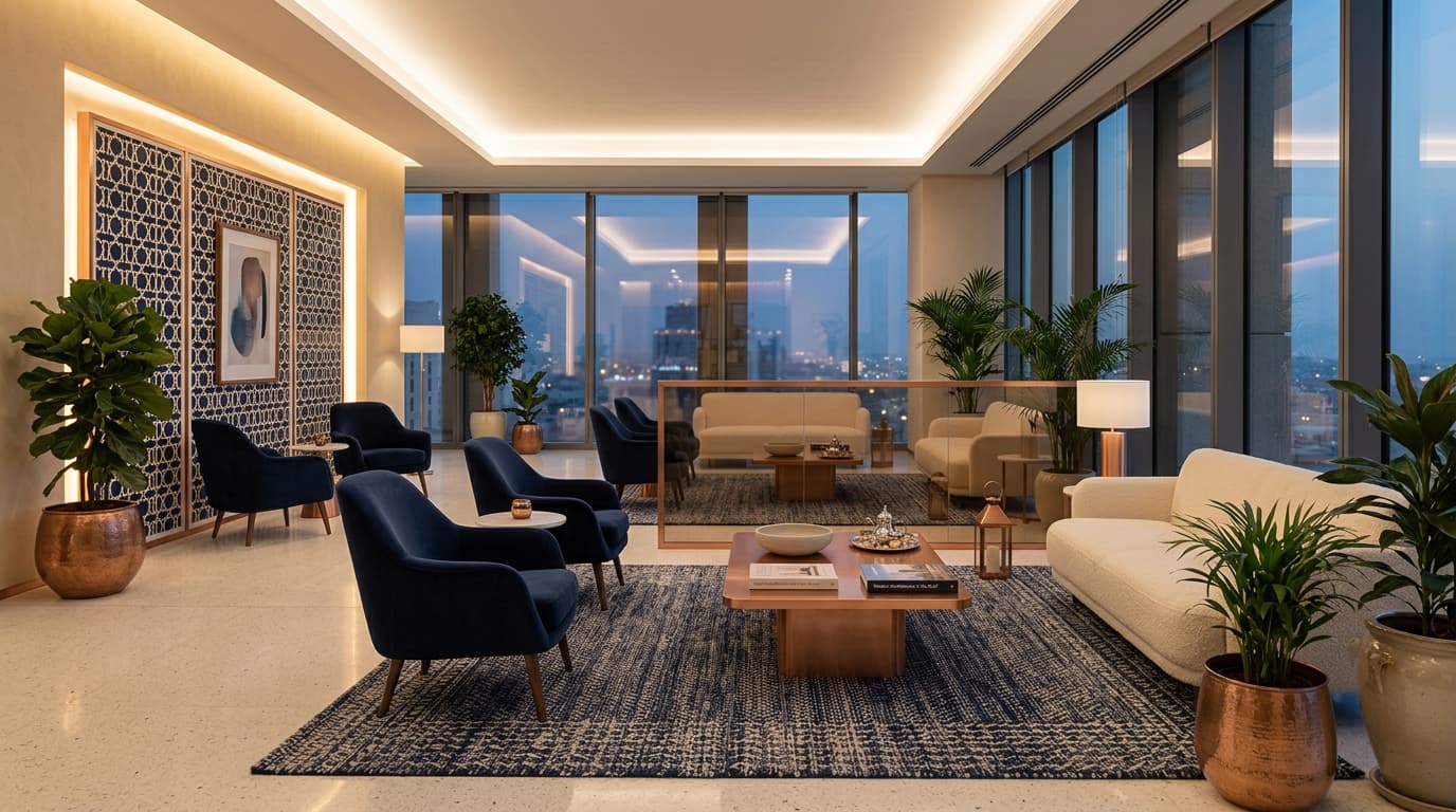 Elegant consulting office lounge with warm light and subtle Middle Eastern architectural details
