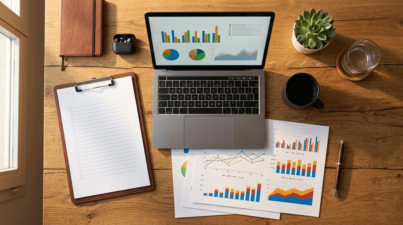 Consulting desk with printed dashboard reports, audit checklist and laptop