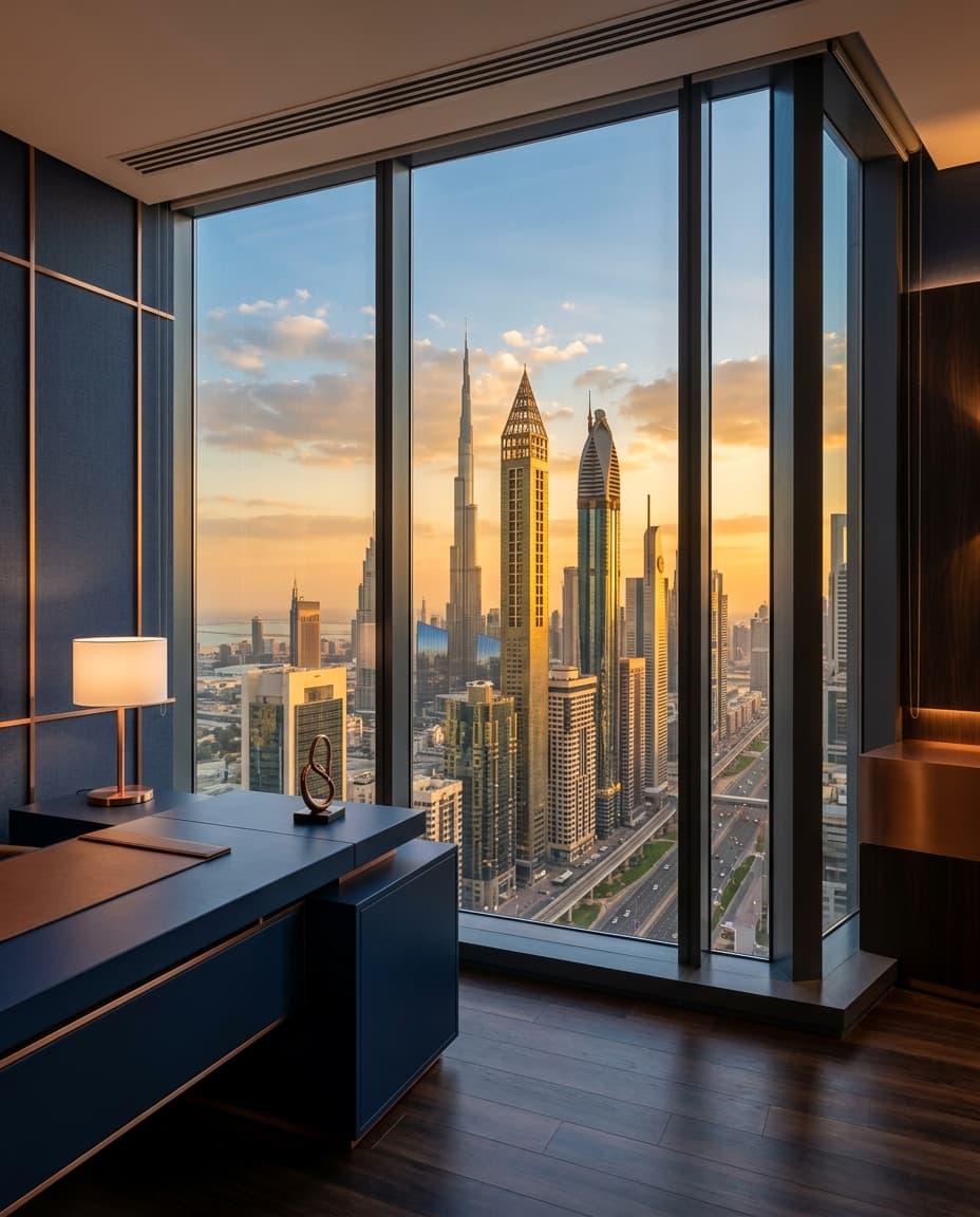 Dubai business district at dusk seen from a high-floor office