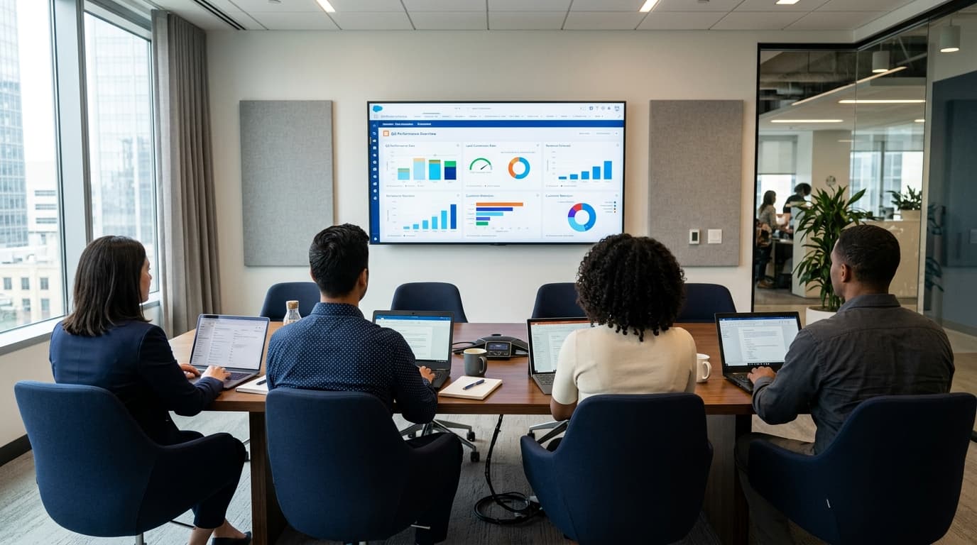 Consulting team reviewing CRM dashboards in a meeting room